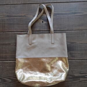 Leather Tote Womens Large Beige Gold Metallic Two Tone Shoulder Purse Handbag‎
